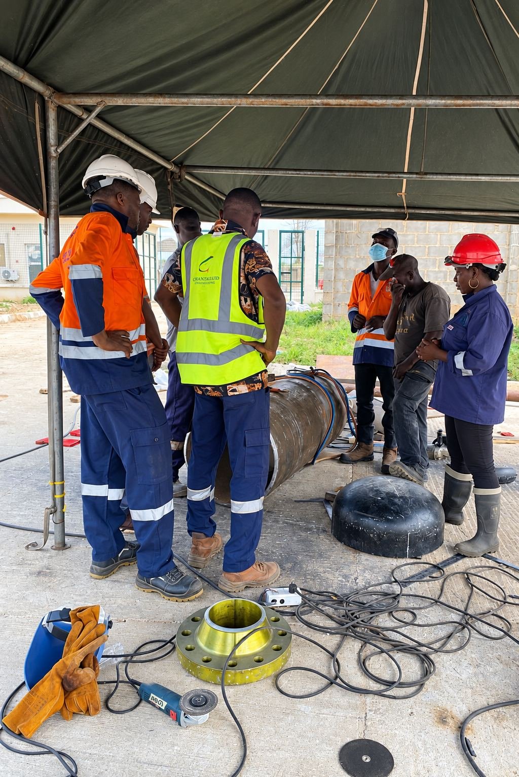 QSL operations crew in blue coveralls and hard hats at a gas facility