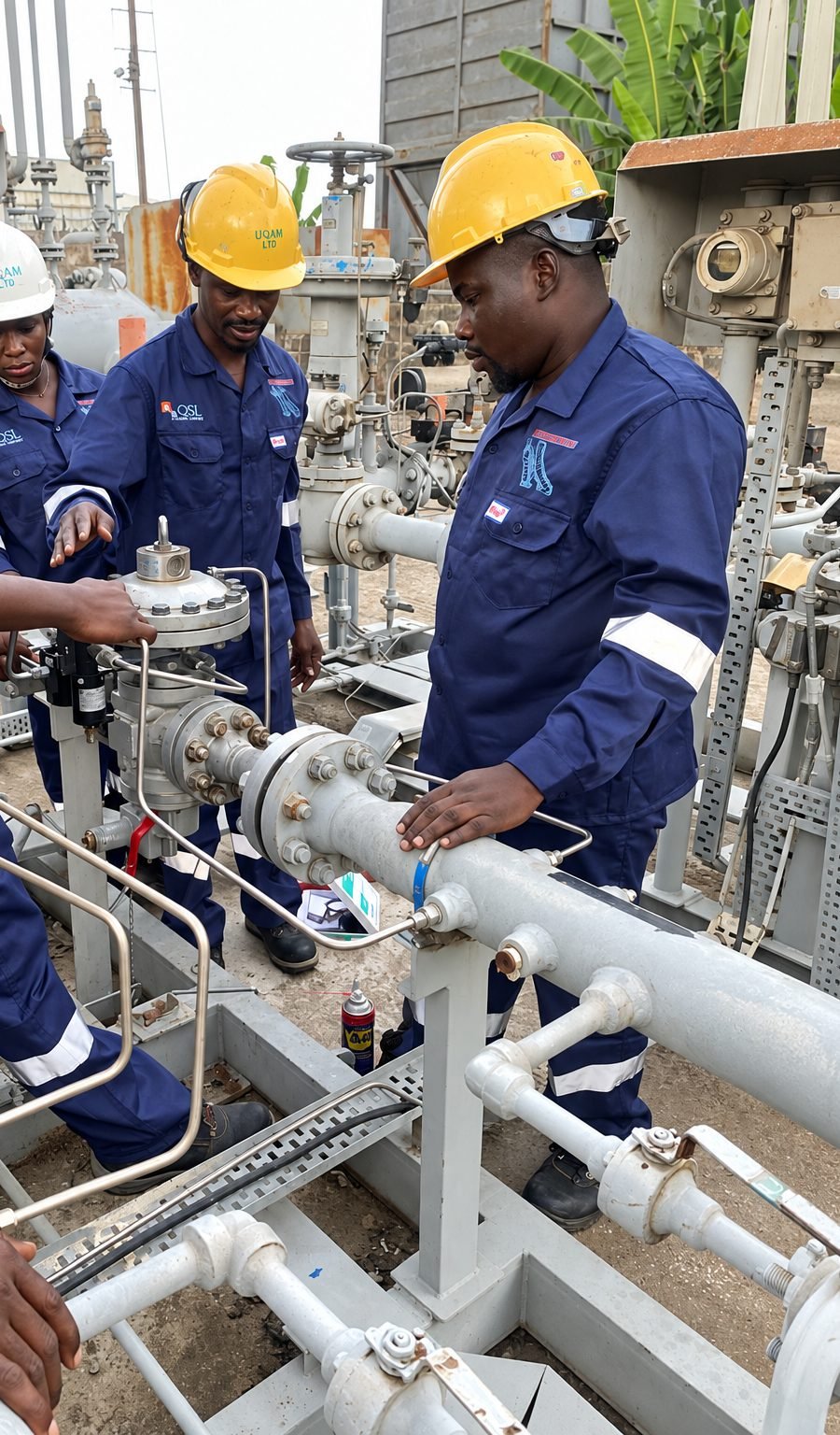 QSL technicians working on a valve assembly