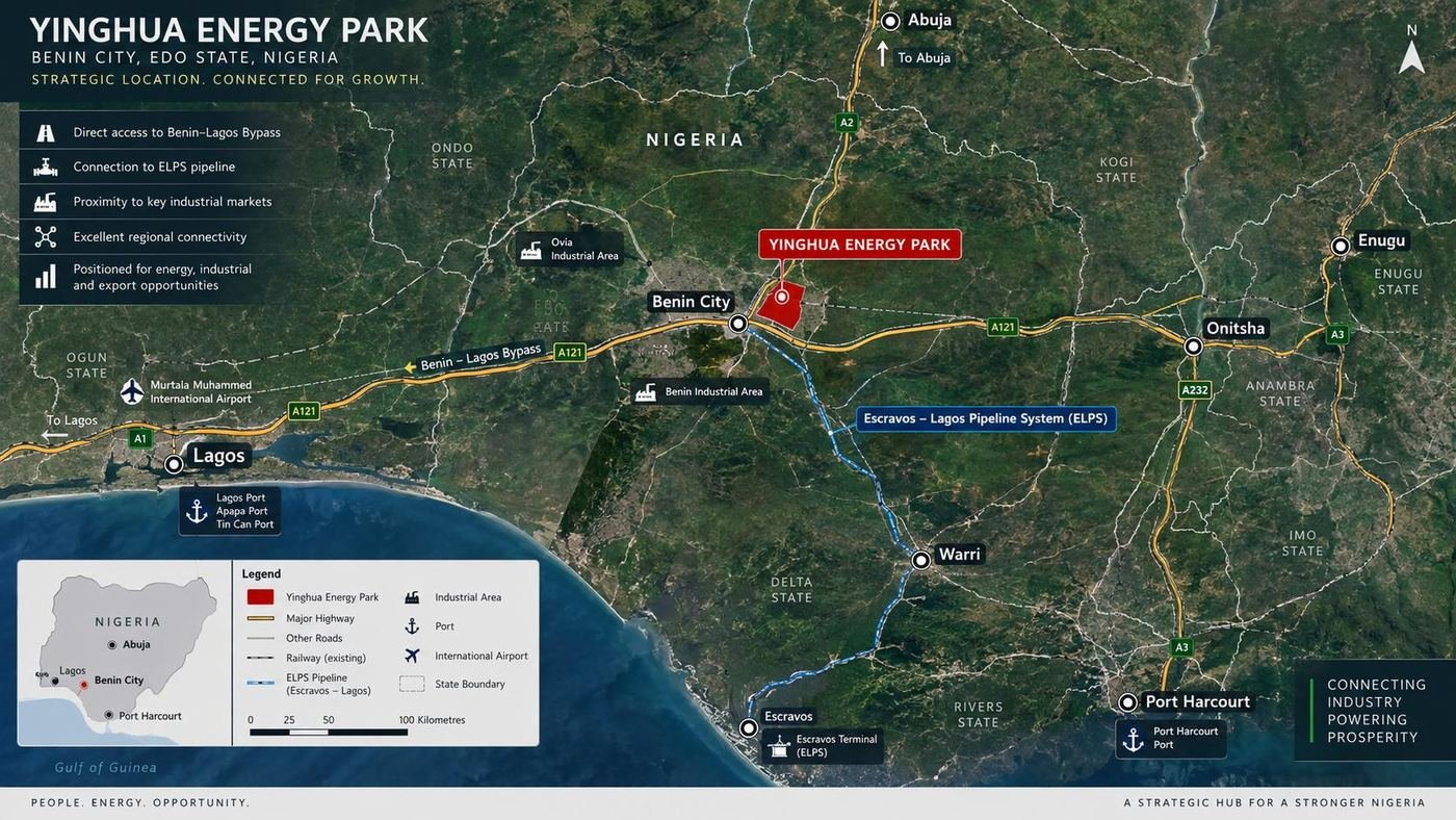 Map showing Yinghua Energy Park on the Benin–Lagos Bypass in relation to major Nigerian cities