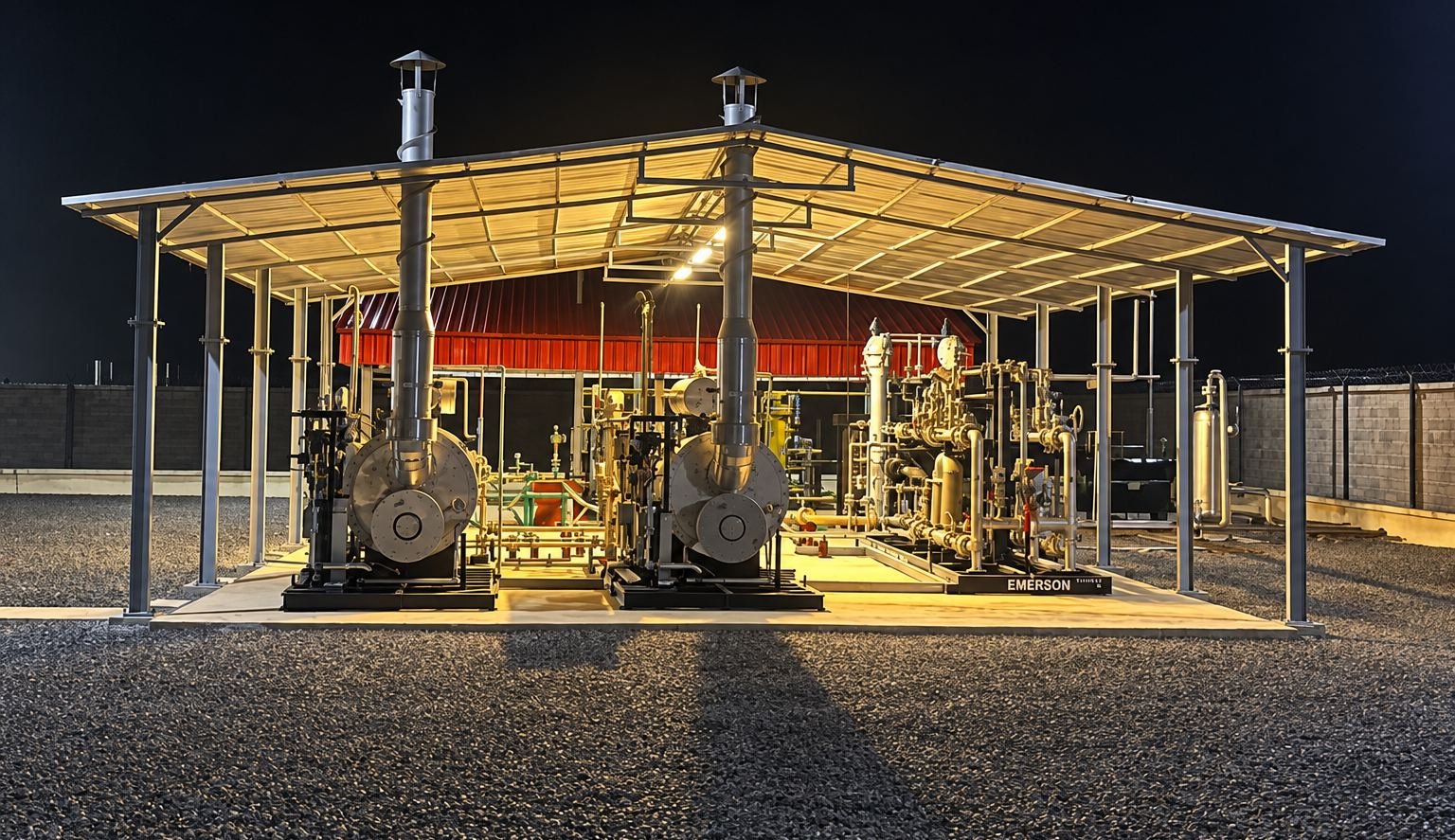 Green Hills gas skid under its lit shelter at night