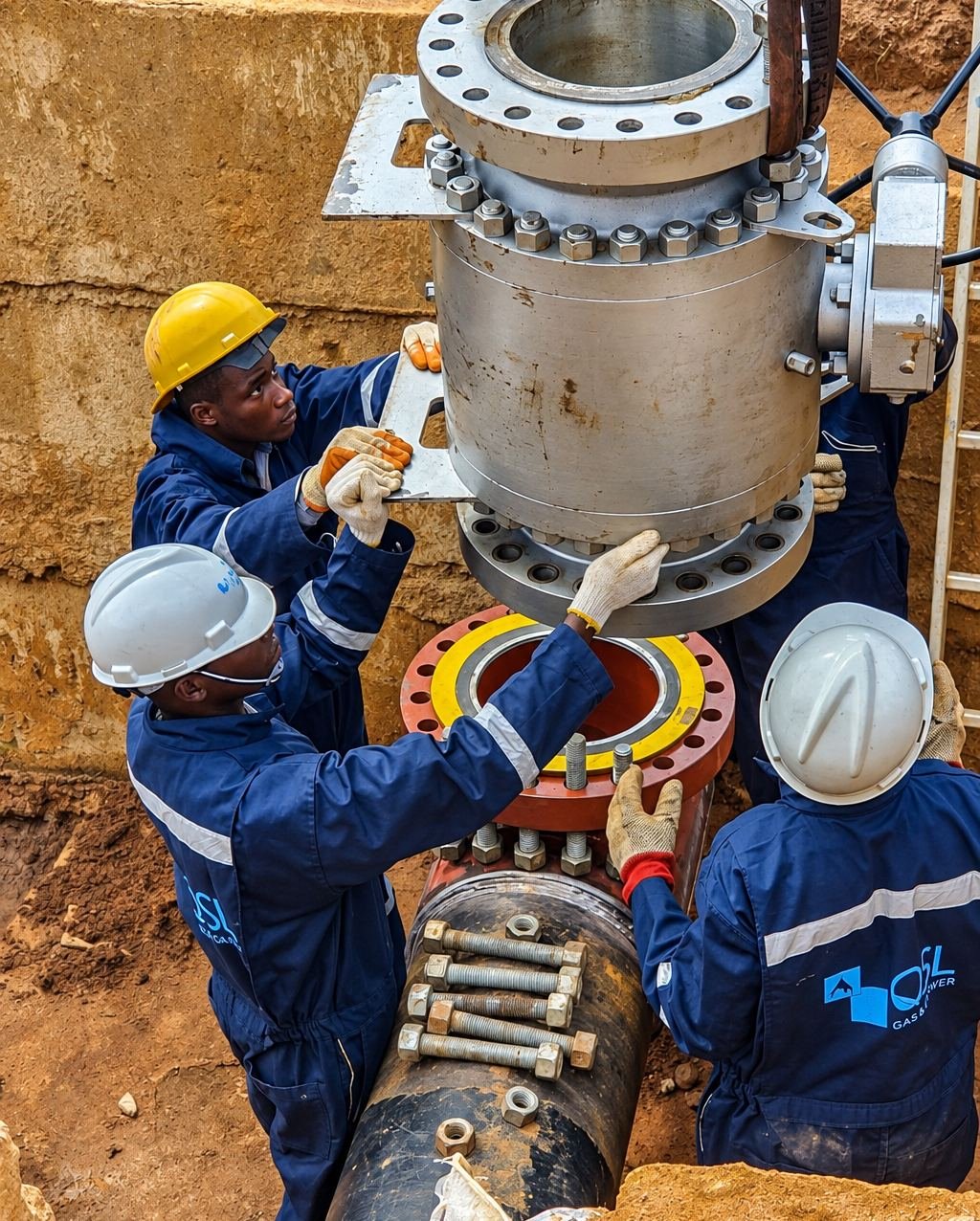 QSL technicians installing a large gas valve for Ossiomo Power