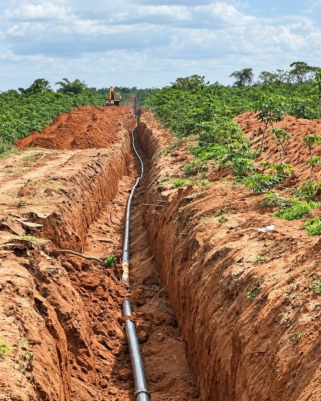 Gas pipeline laid in a trench along a rural route