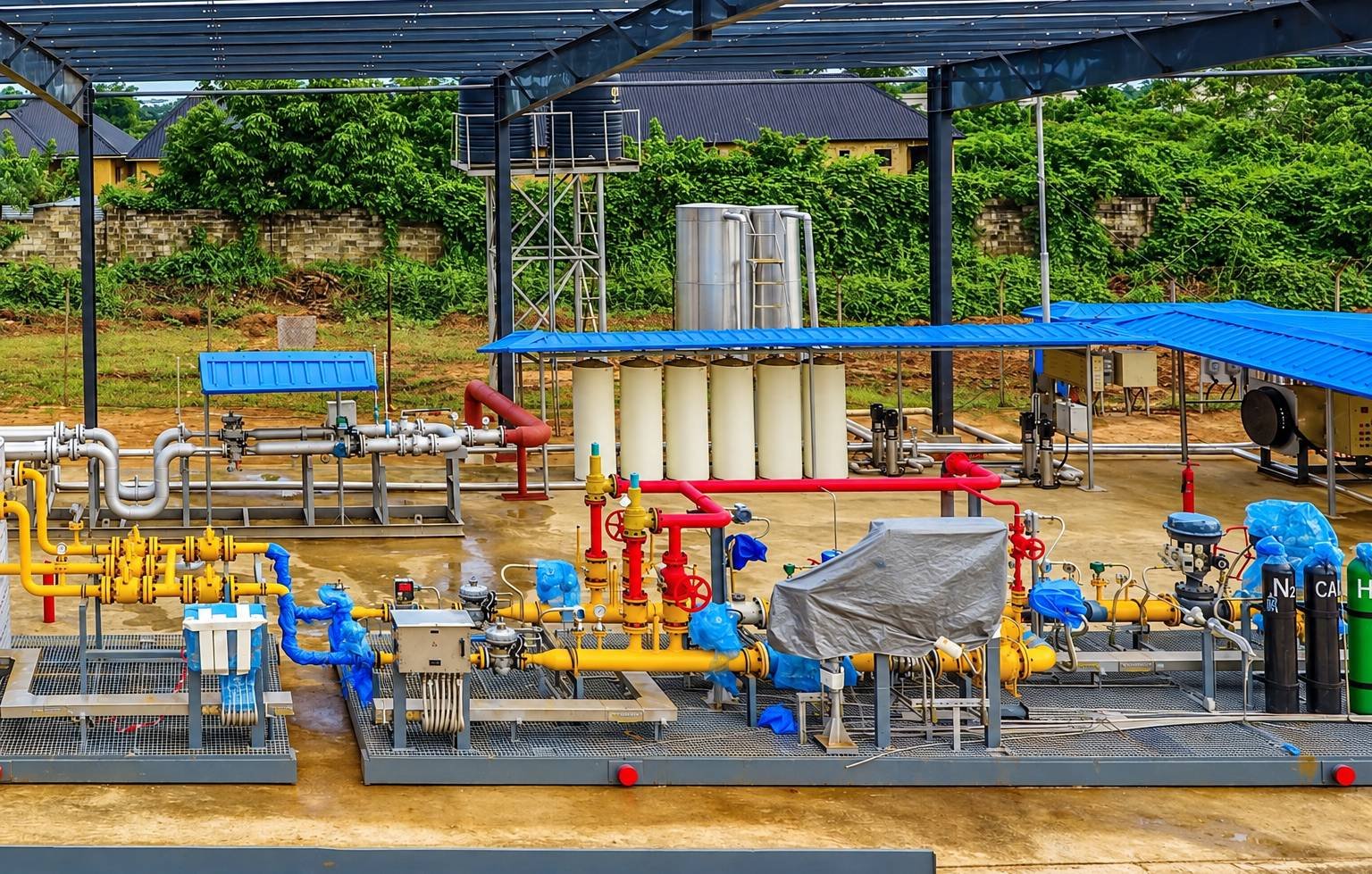 Yellow gas pipework and equipment skids at the Rongtai Industrial Park
